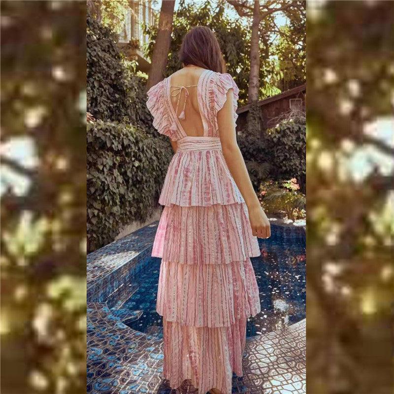Floral Print V-Neck Flutter Sleeve Tiered Maxi Dress