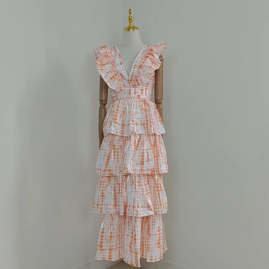 Floral Print V-Neck Flutter Sleeve Tiered Maxi Dress