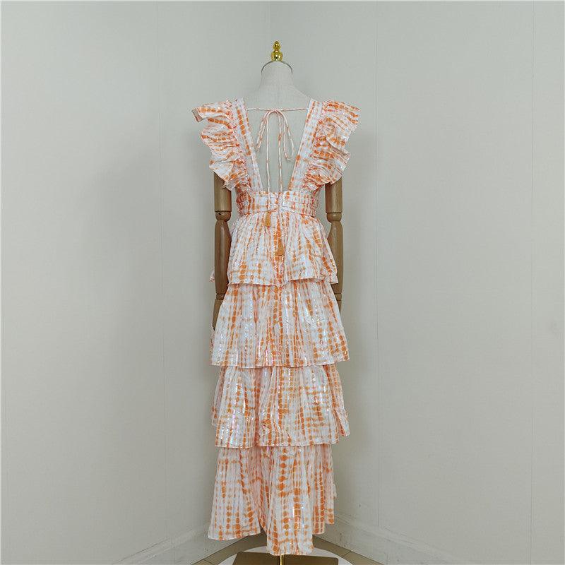 Floral Print V-Neck Flutter Sleeve Tiered Maxi Dress