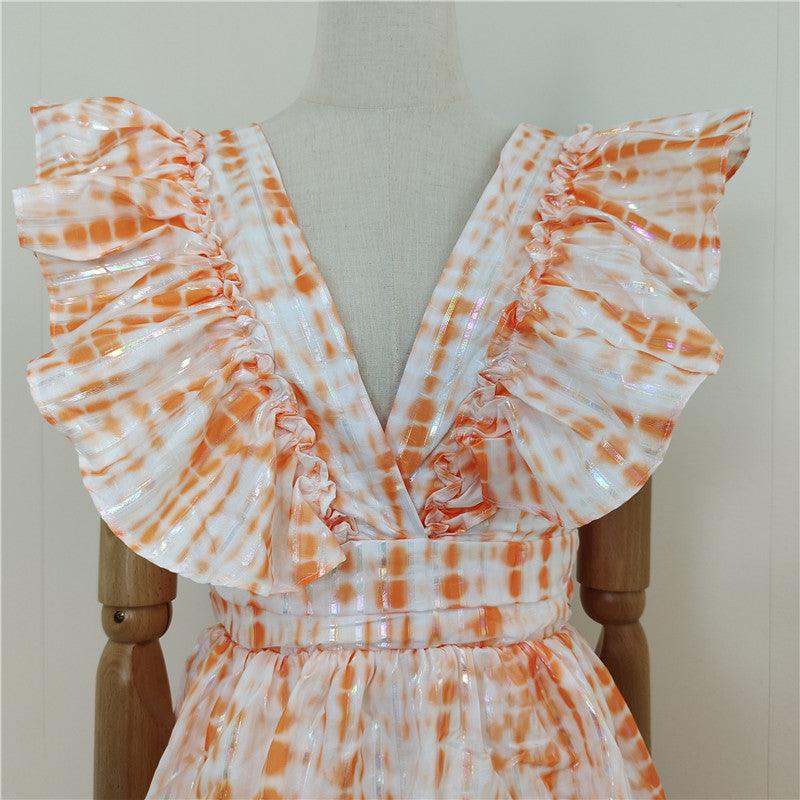 Floral Print V-Neck Flutter Sleeve Tiered Maxi Dress