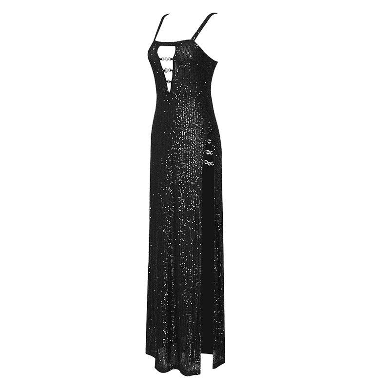 Sequin Square Neck Cutout High Slit Maxi Gown