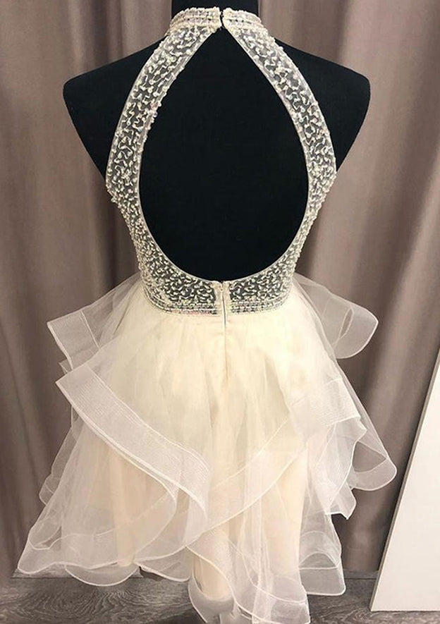 Chic A-Line High-Neck Sleeveless Organza Short/Mini Homecoming Dress with Beading - Fashionpara