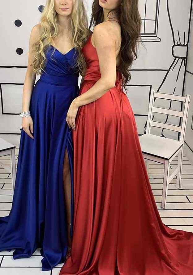 Chic A-Line V-Neck Sleeveless Charmeuse Court Train Prom Dress/Evening Dress With Pleated Split - Fashionpara