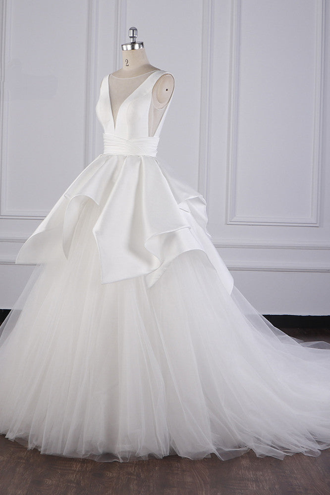 Chic Ball Gown Jewel Layers Tulle Wedding Dress White Sleeveless Ruffles Bridal Gowns - Fashionpara