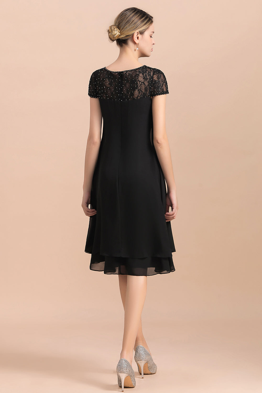 Chic Black Cap Sleeve Mother of Bride Dress Chiffon Short Wedding Party Gowns - Fashionpara