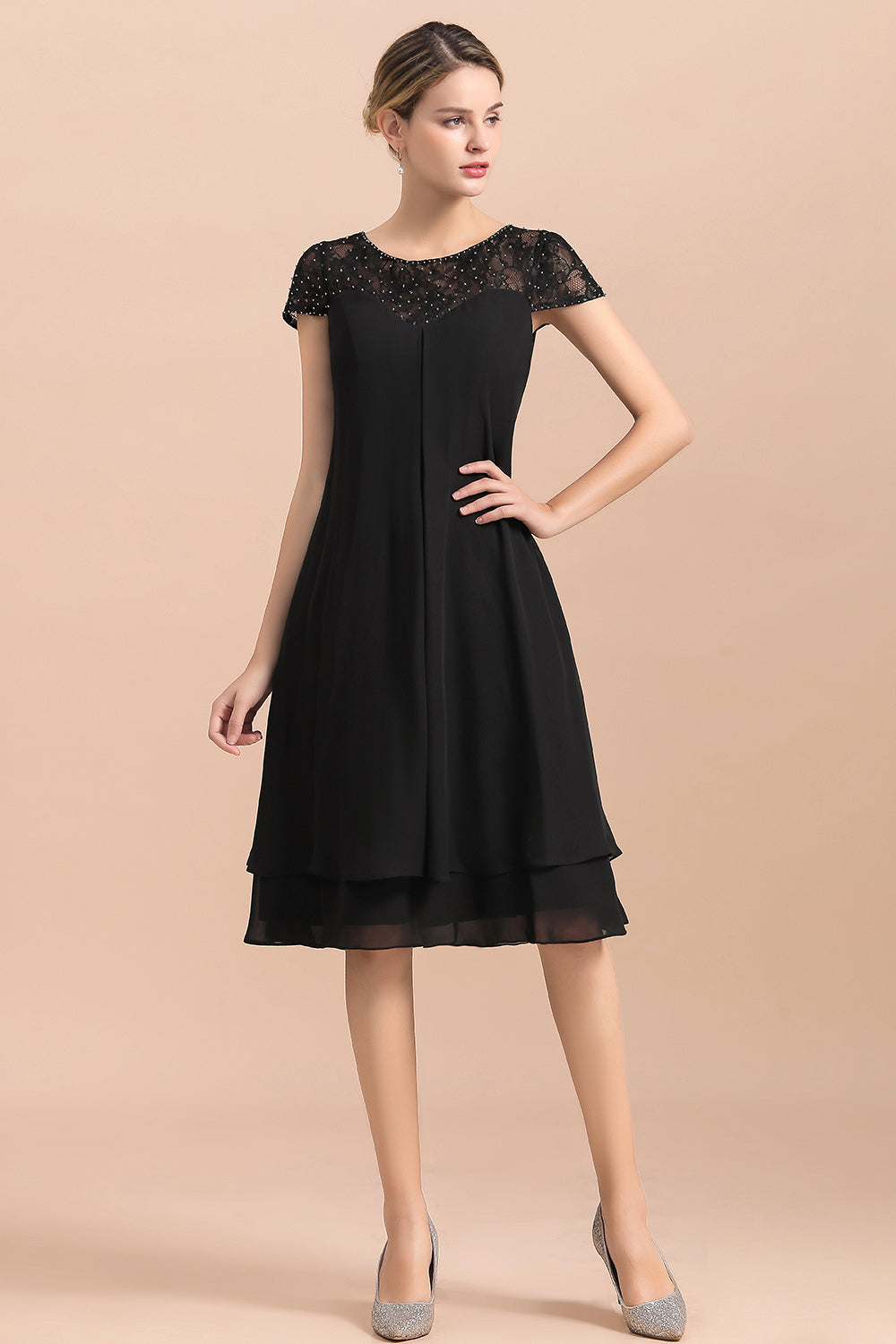 Chic Black Cap Sleeve Mother of Bride Dress Chiffon Short Wedding Party Gowns - Fashionpara