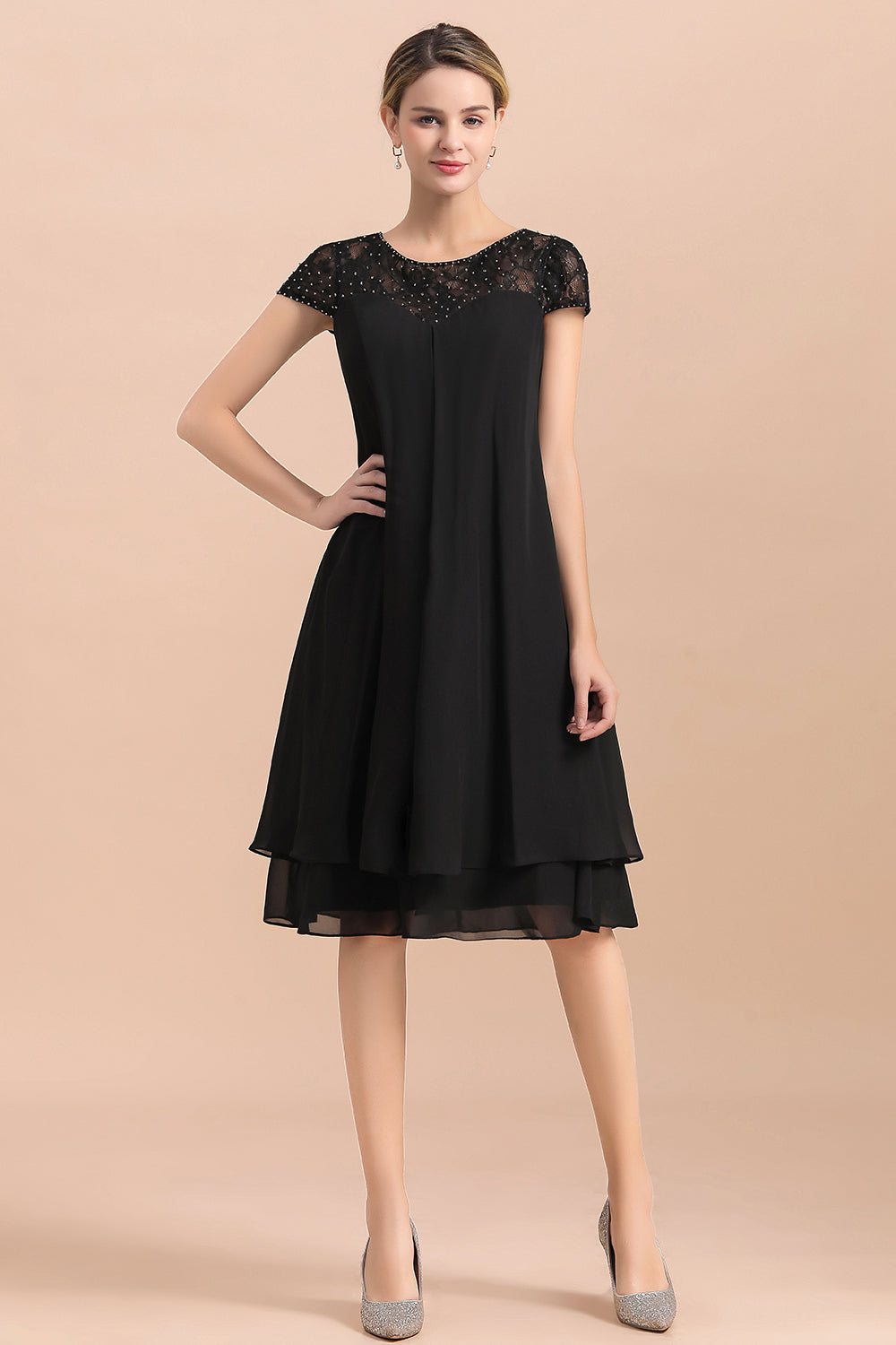 Chic Black Cap Sleeve Mother of Bride Dress Chiffon Short Wedding Party Gowns - Fashionpara