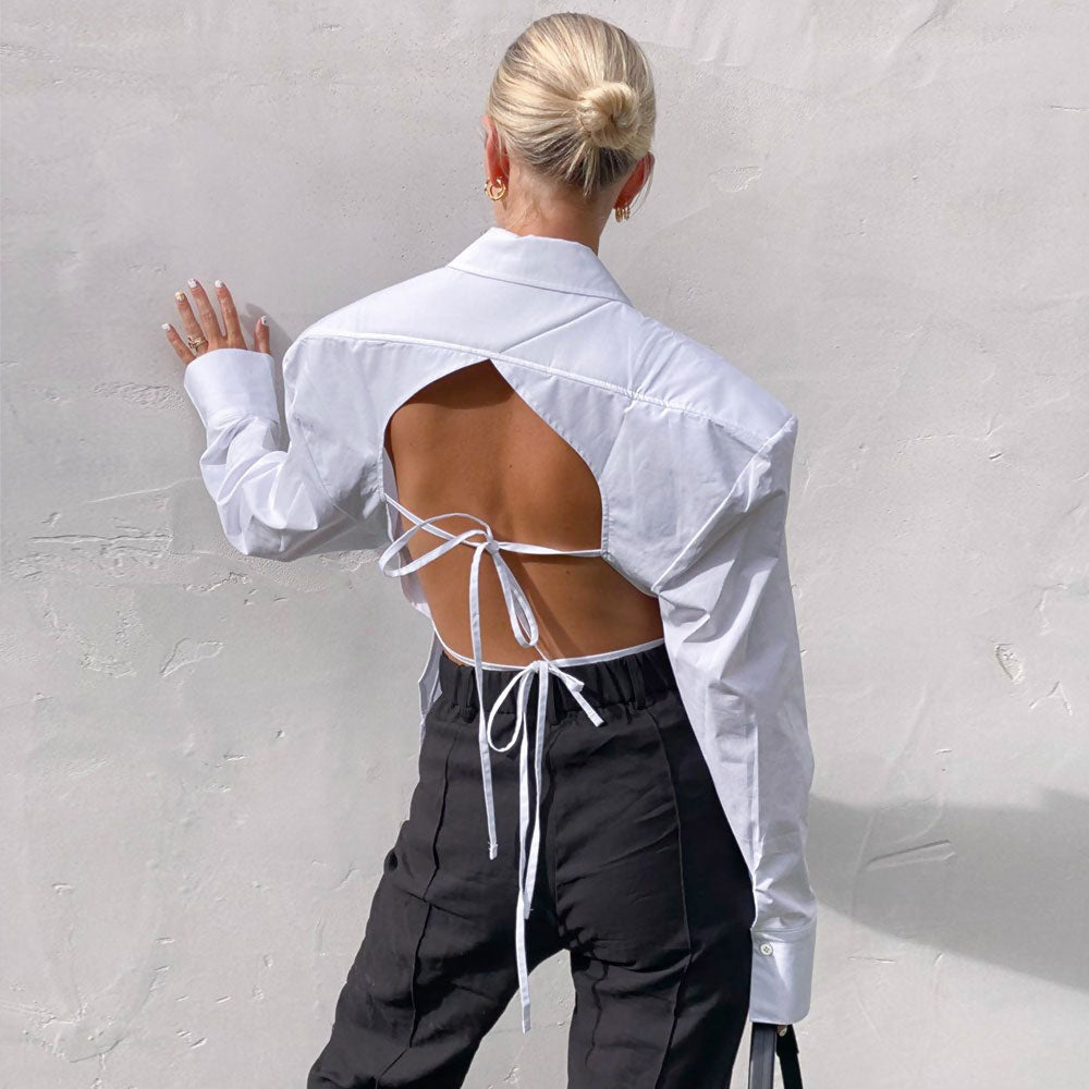 Chic Button Up Shoulder Pad Pointed Collar Tie String Backless Blouse - White - Fashionpara