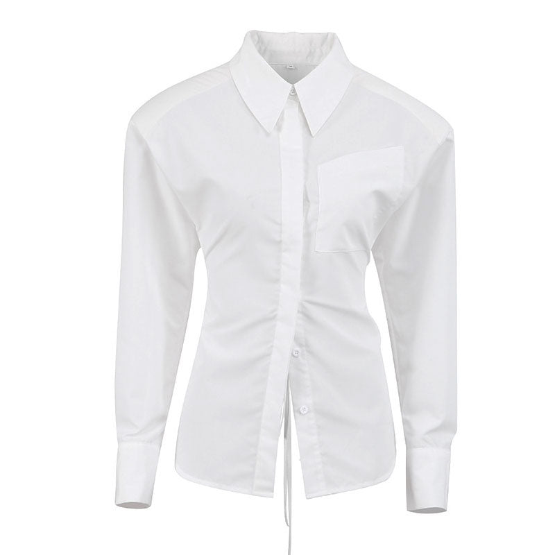Chic Button Up Shoulder Pad Pointed Collar Tie String Backless Blouse - White - Fashionpara