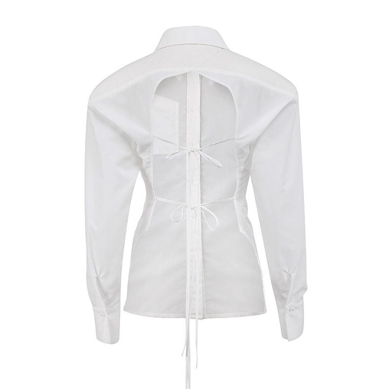 Button Up Shoulder Pad Pointed Collar Tie String Backless Blouse - White