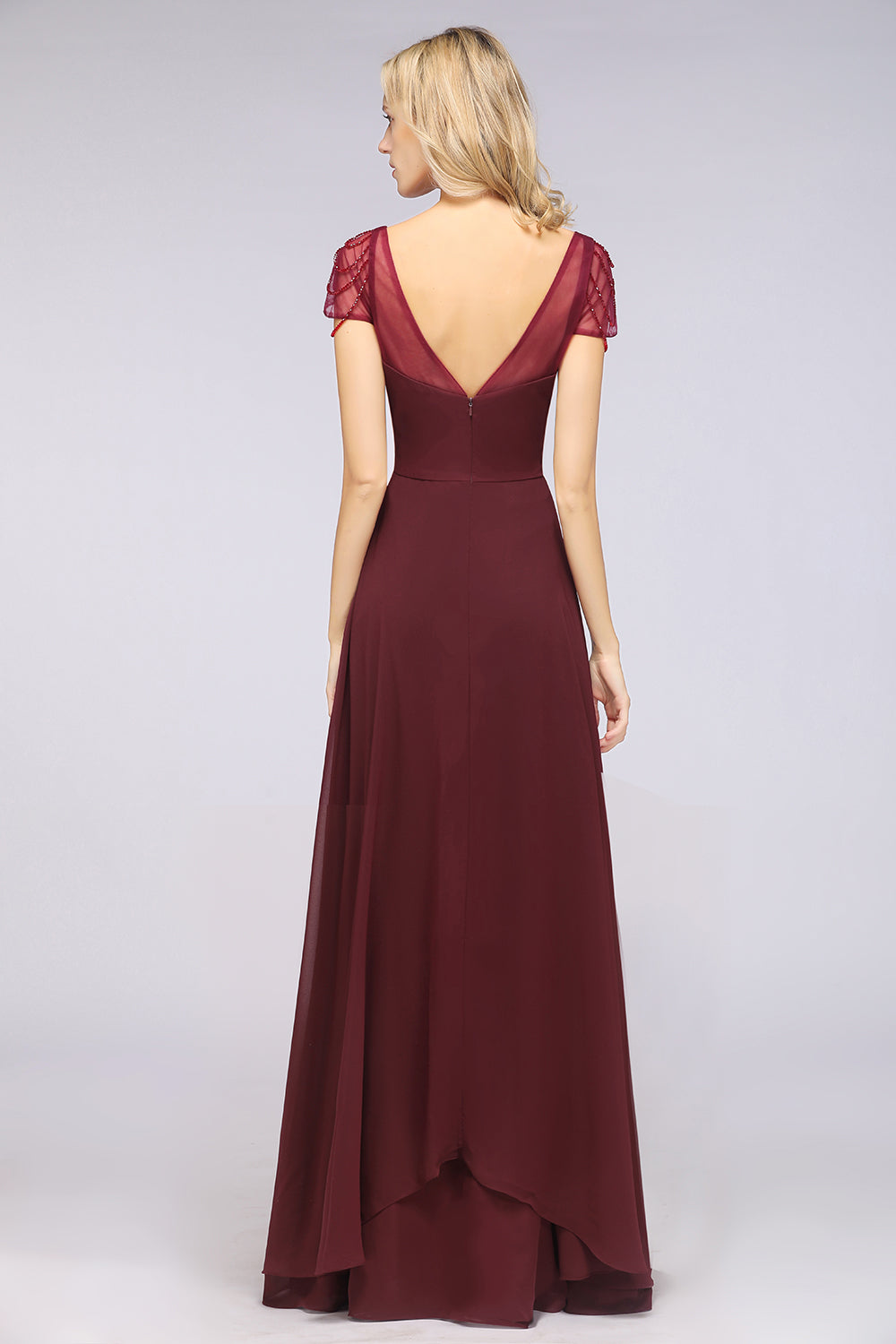 Chic Chiffon Sweetheart Cap-Sleeves Ruffle Bridesmaid dresses with Beadings - Fashionpara