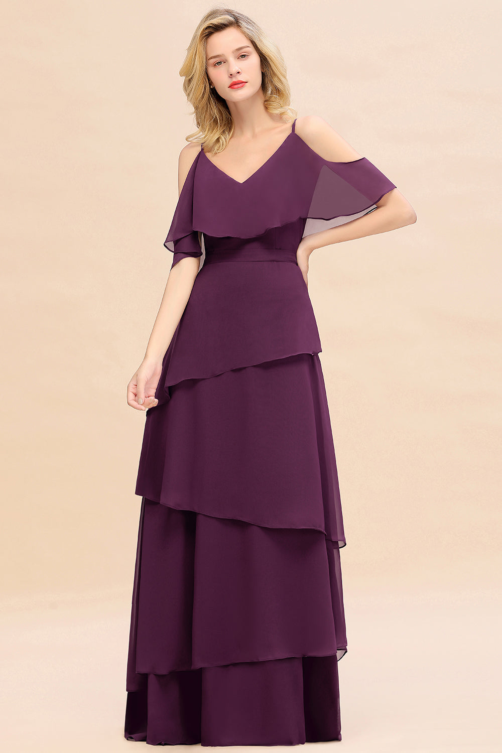 Chic Cold-Shoulder Layers Grape Chiffon Bridesmaid Dresses Affordable - Fashionpara