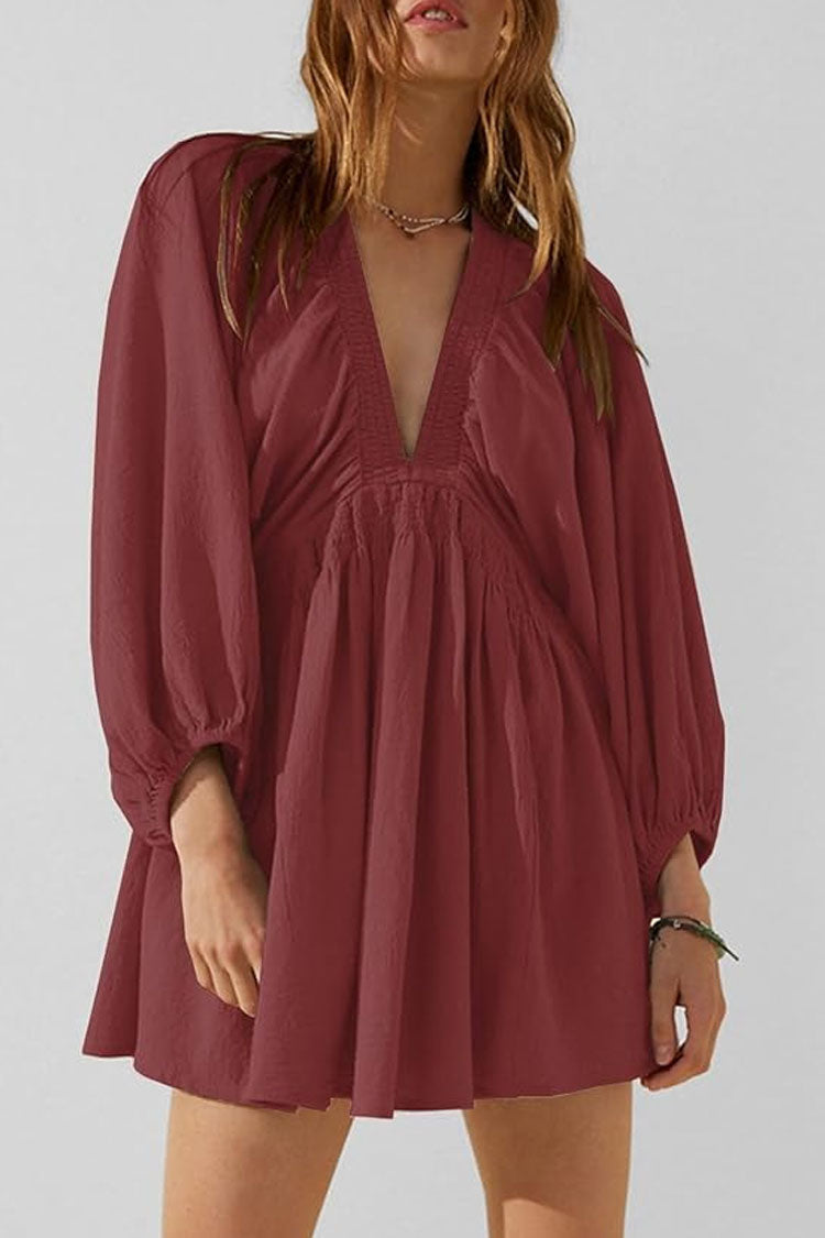 Chic Deep V Balloon Sleeve Scrunch Empire Waist Babydoll Beach Vacation Mini Dress