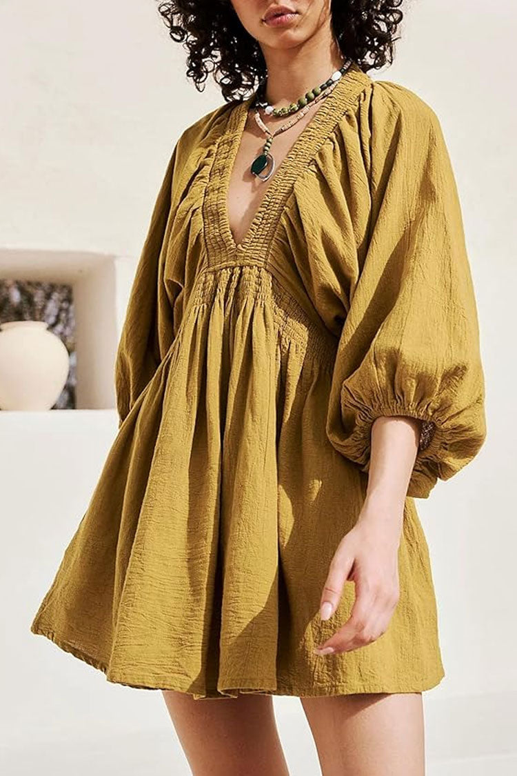 Chic Deep V Balloon Sleeve Scrunch Empire Waist Babydoll Beach Vacation Mini Dress