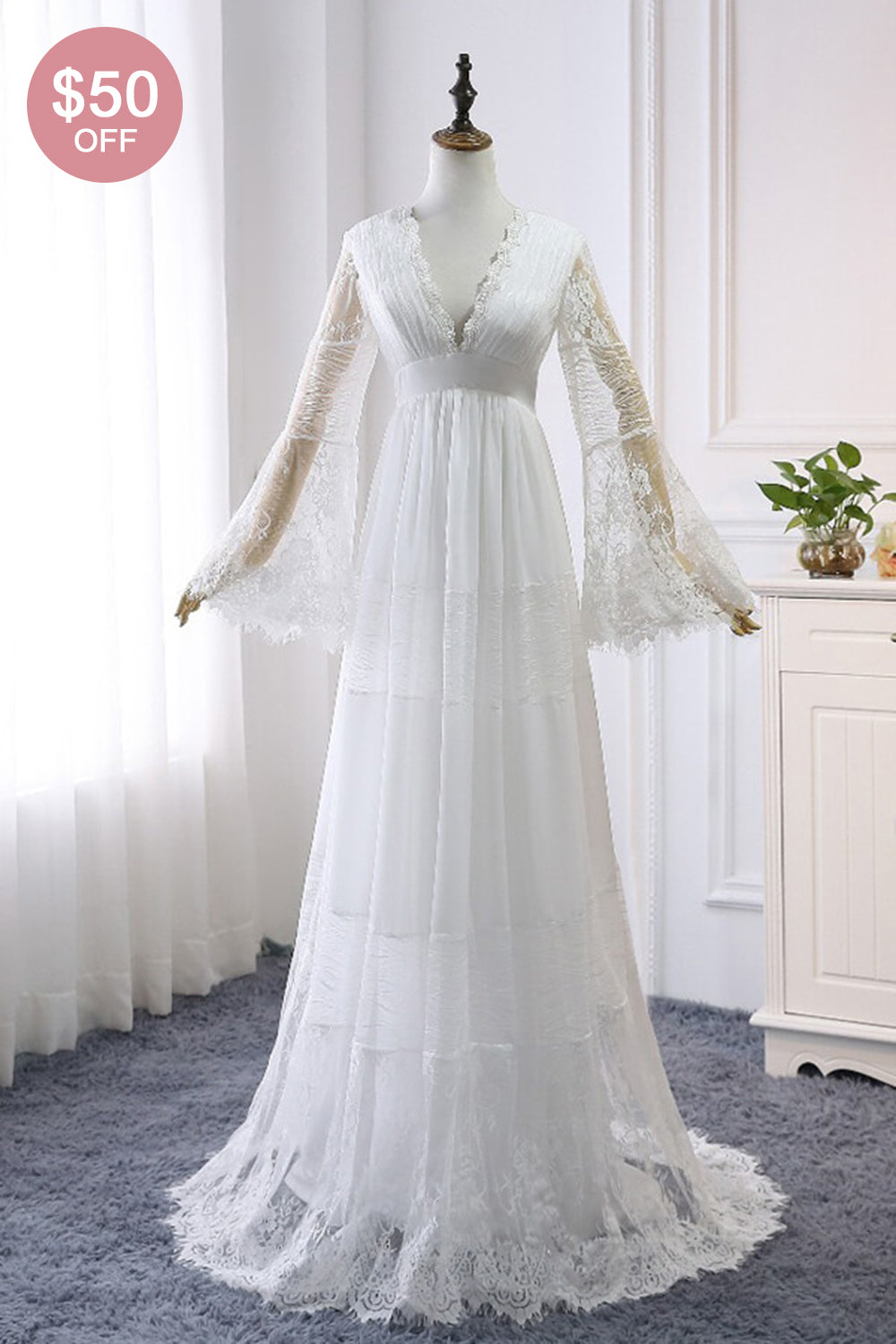 Chic Empire Lace Tulle Wedding Dress Long Sleeves V-Neck Appliques Bridal Gowns On Sale - Fashionpara