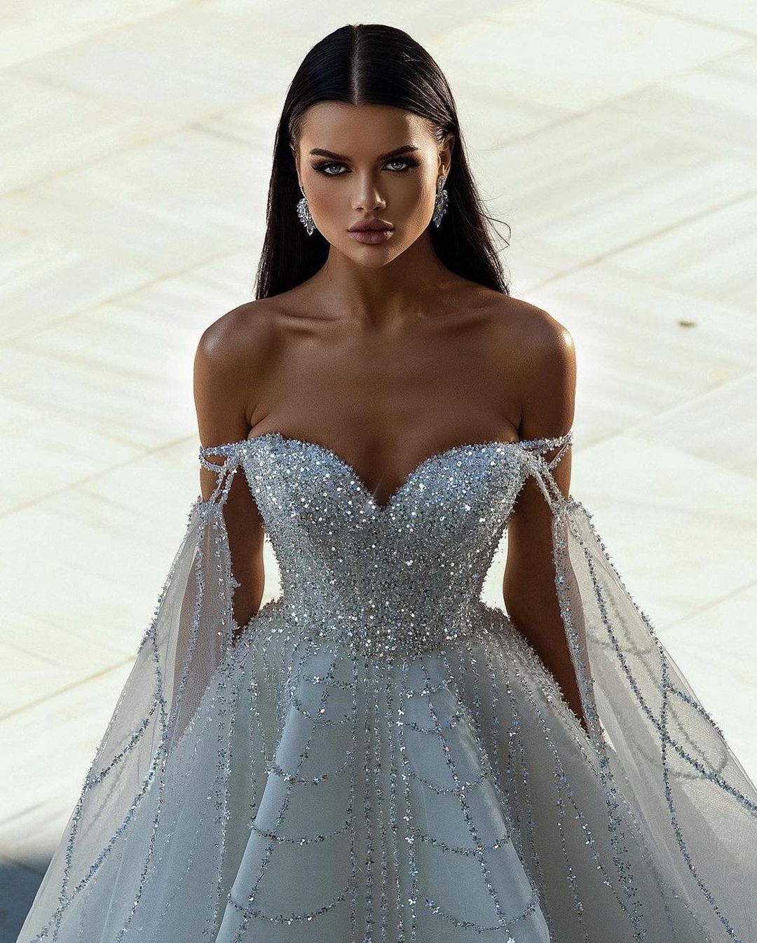 Stylish Floor-Length Sweetheart Off-The-Shoulder A-Line Sequined Bridal Dress - Fashionpara