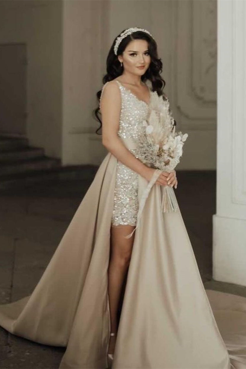 Chic Floor-Length Sweetheart Sleeveless A-Line Sequined Prom Dress with Slit - Fashionpara