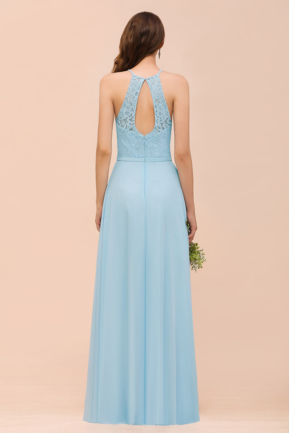 Chic Halter Sleeveless Affordable Sky Blue Bridesmaid Dresses with Lace - Fashionpara