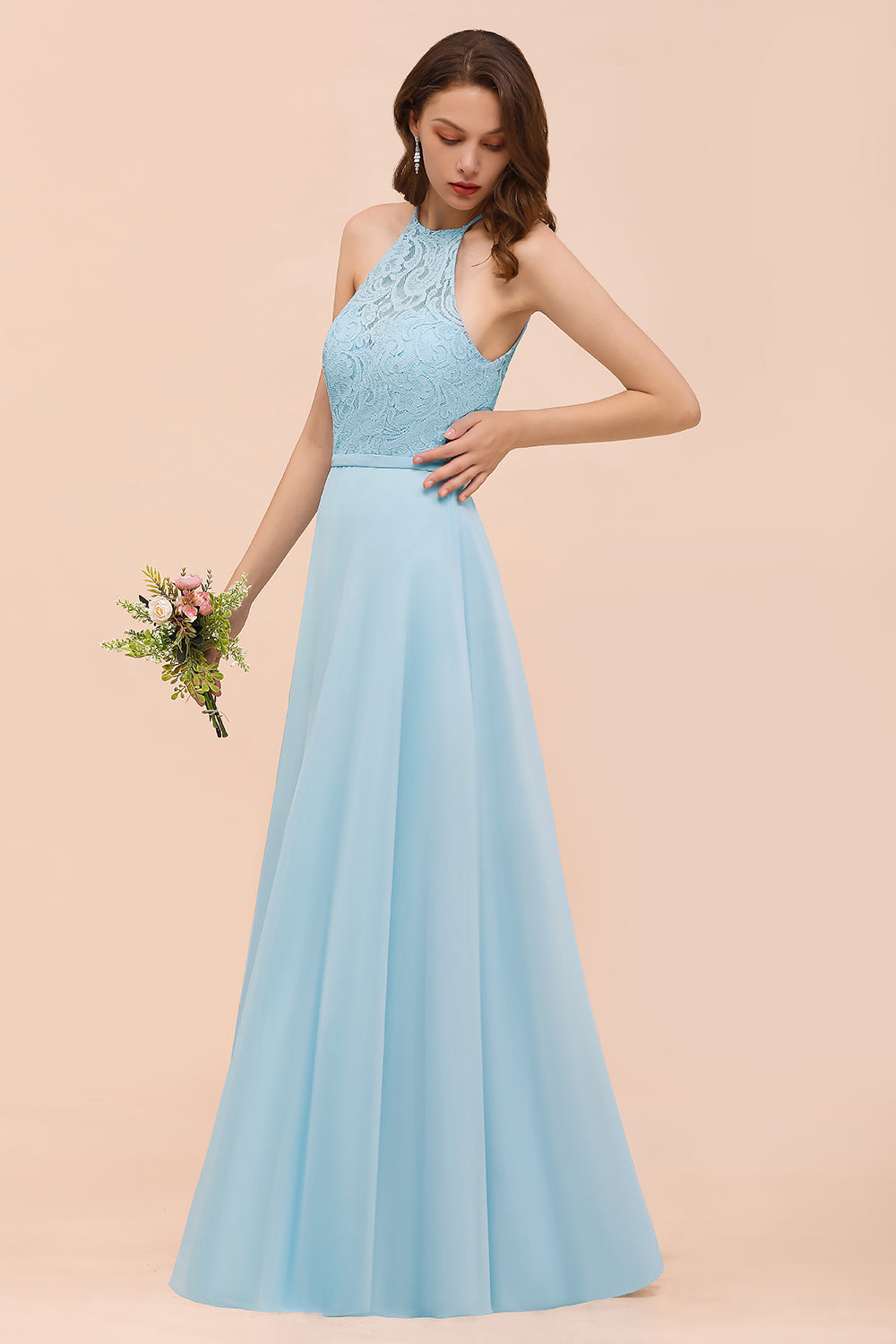 Chic Halter Sleeveless Affordable Sky Blue Bridesmaid Dresses with Lace - Fashionpara