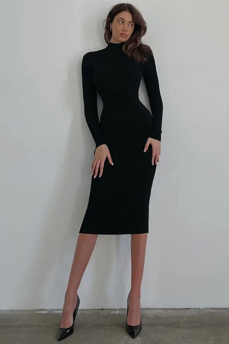Rosedress Black High Neck Rib Knit Midi Sweater Dress