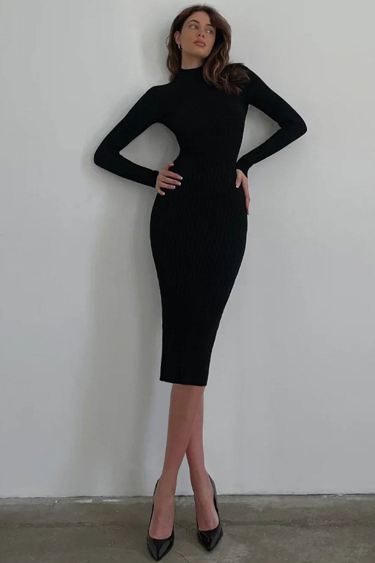 Rosedress Black High Neck Rib Knit Midi Sweater Dress