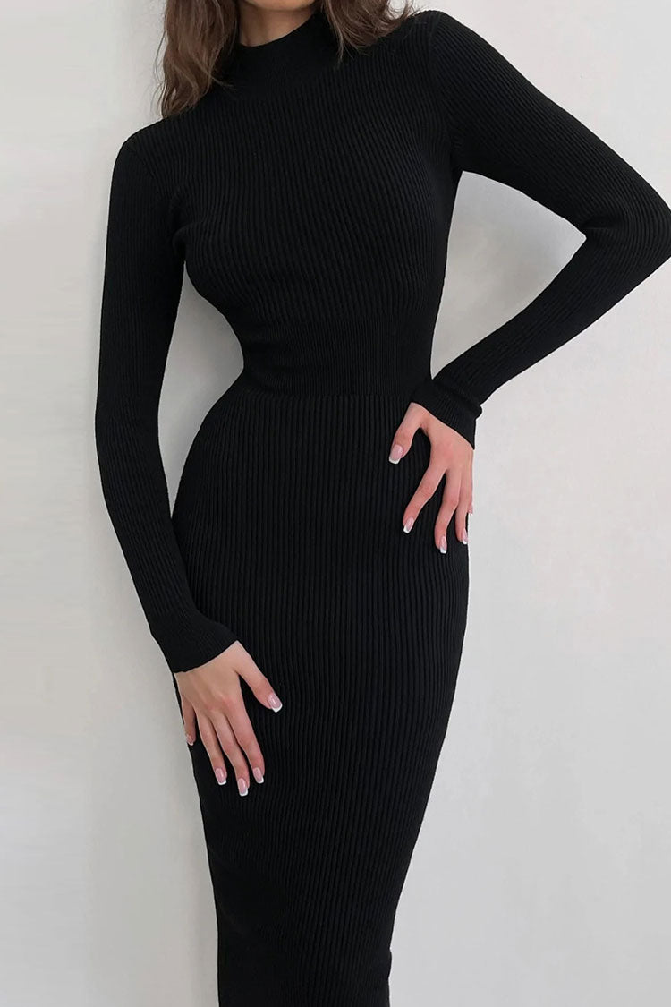 Rosedress Black High Neck Rib Knit Midi Sweater Dress