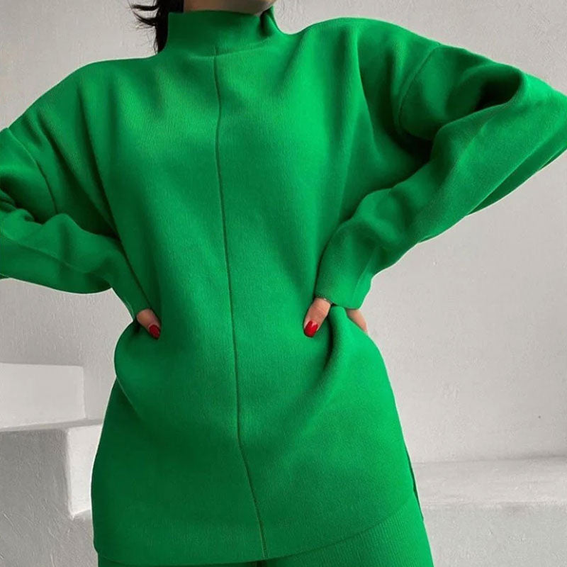 Chic High Neck Rib Knit Pullover Sweater Wide Leg Pants Matching Set - Green - Fashionpara