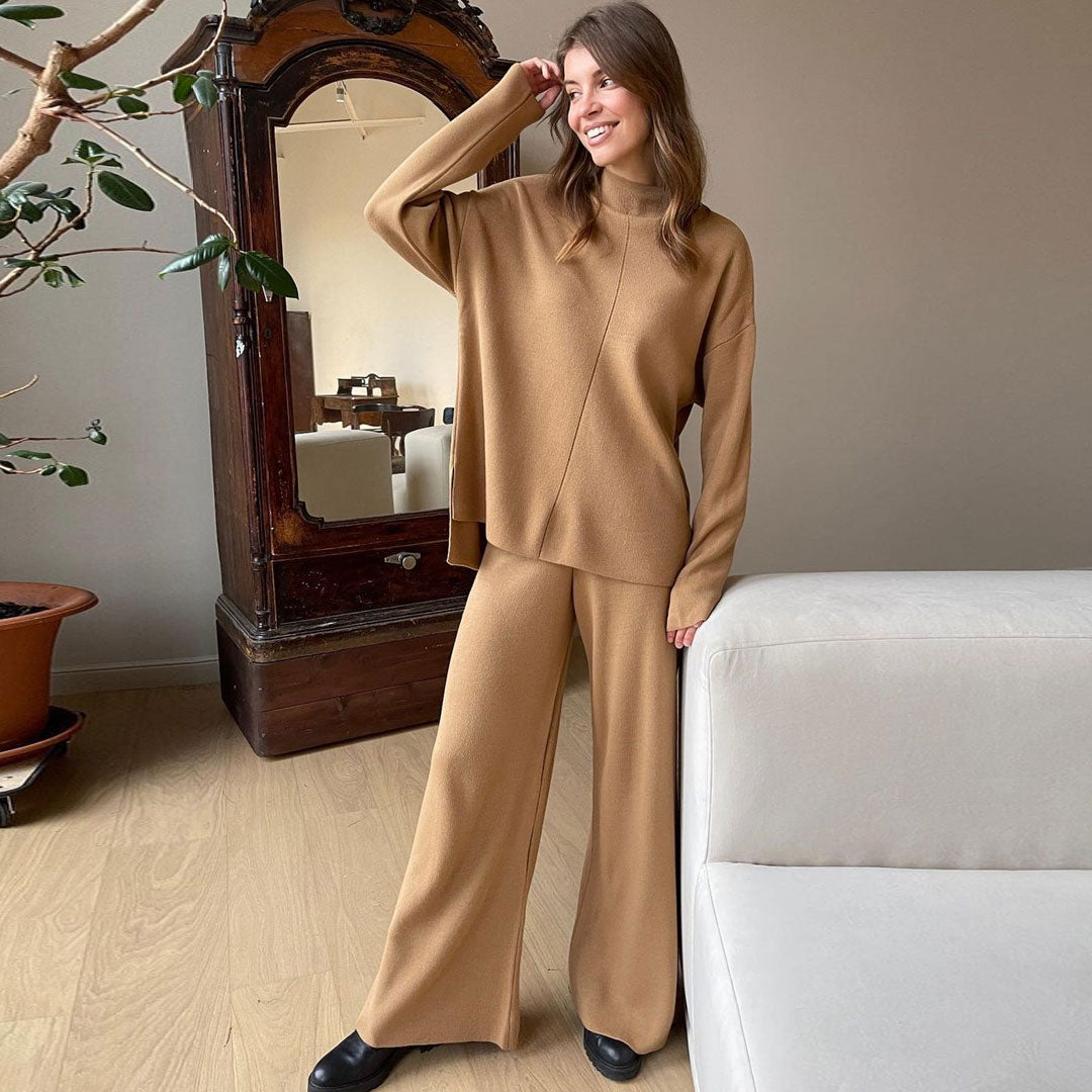 Chic High Neck Rib Knit Pullover Sweater Wide Leg Pants Matching Set - Khaki - Fashionpara