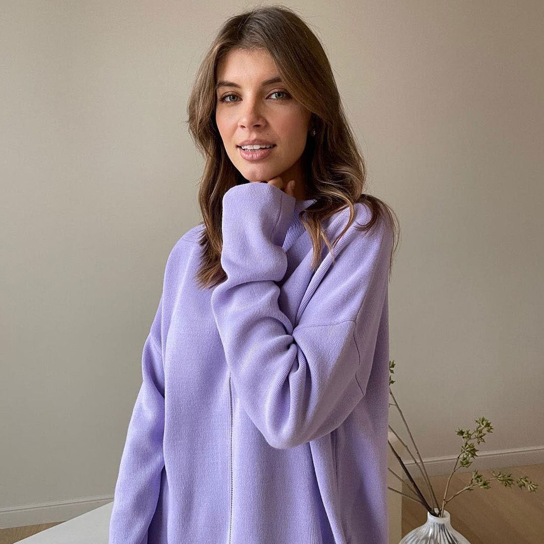 Chic High Neck Rib Knit Pullover Sweater Wide Leg Pants Matching Set - Purple - Fashionpara