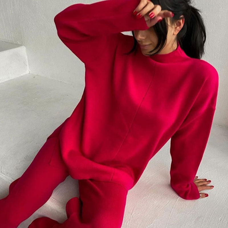 Chic High Neck Rib Knit Pullover Sweater Wide Leg Pants Matching Set - Red - Fashionpara