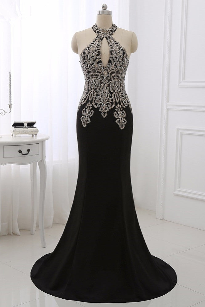 Chic High-Neck Sleeveless Black Mermaid Prom Dresses with Appliques Beadings - Fashionpara
