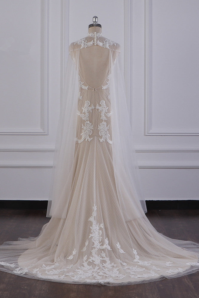 Chic High-Neck Tulle Champagne Wedding Dress Mermaid Sleeveless Appliques Bridal Gowns - Fashionpara