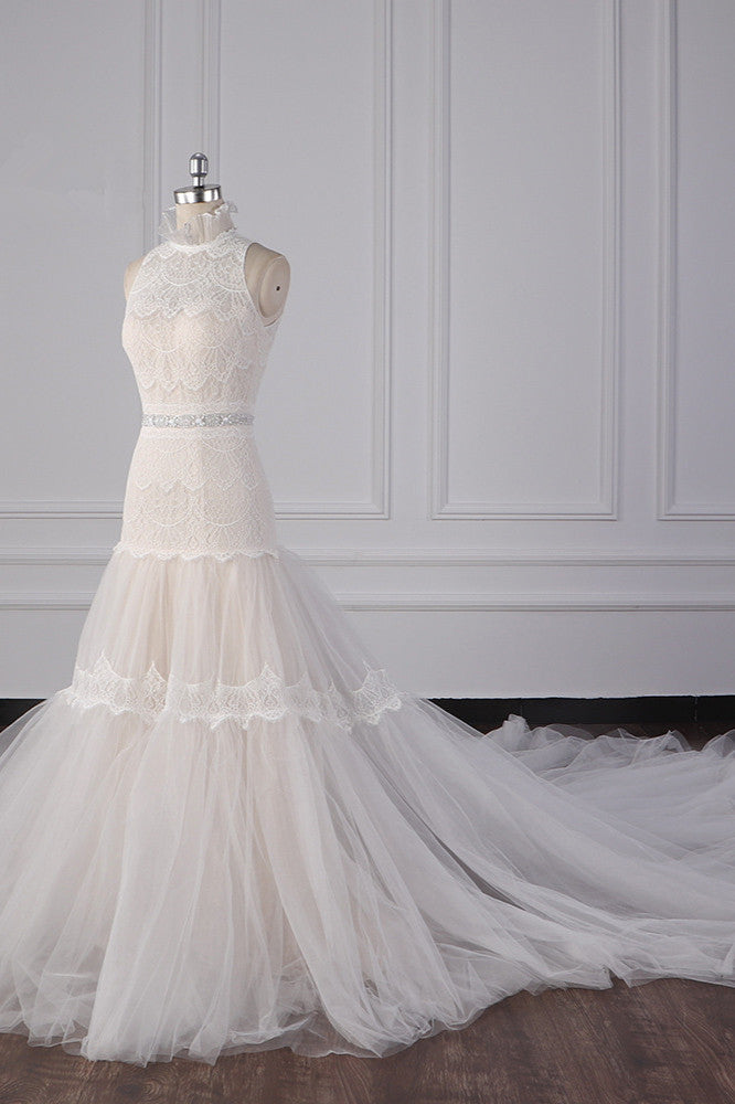 Chic High-Neck Tulle Lace Wedding Dress Appliques Sleeveless Bridal Gowns with Beading Sashes - Fashionpara