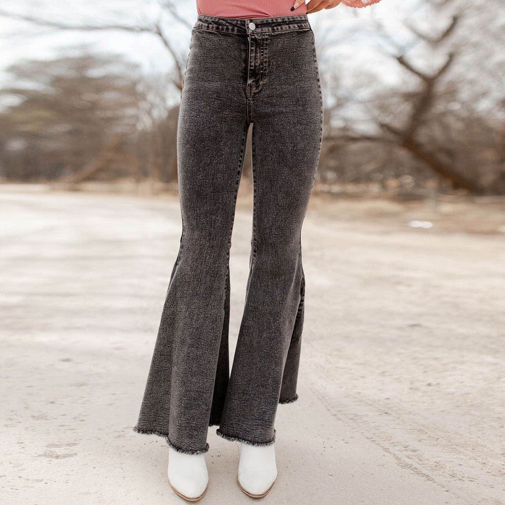 High Waist Frayed Flare Hem Skinny Bell Jeans - Gray