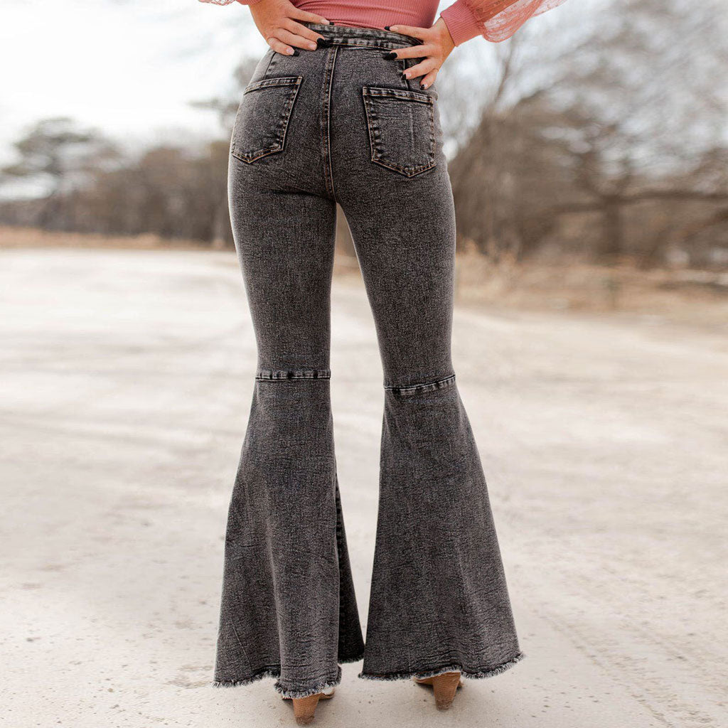 High Waist Frayed Flare Hem Skinny Bell Jeans - Gray