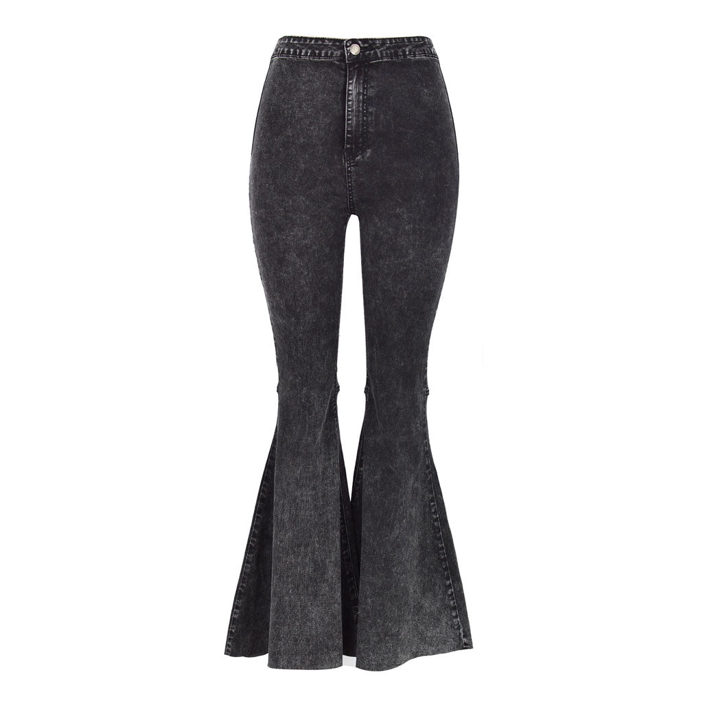 High Waist Frayed Flare Hem Skinny Bell Jeans - Gray