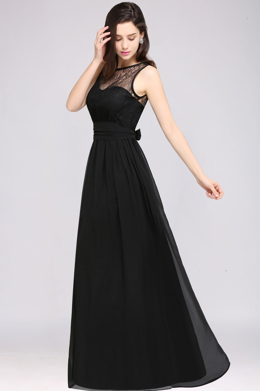 Chic Jewel Open-Back Bridesmaid Dresses with Bow Lace Ruffle Maid of Honor Dresses - Fashionpara