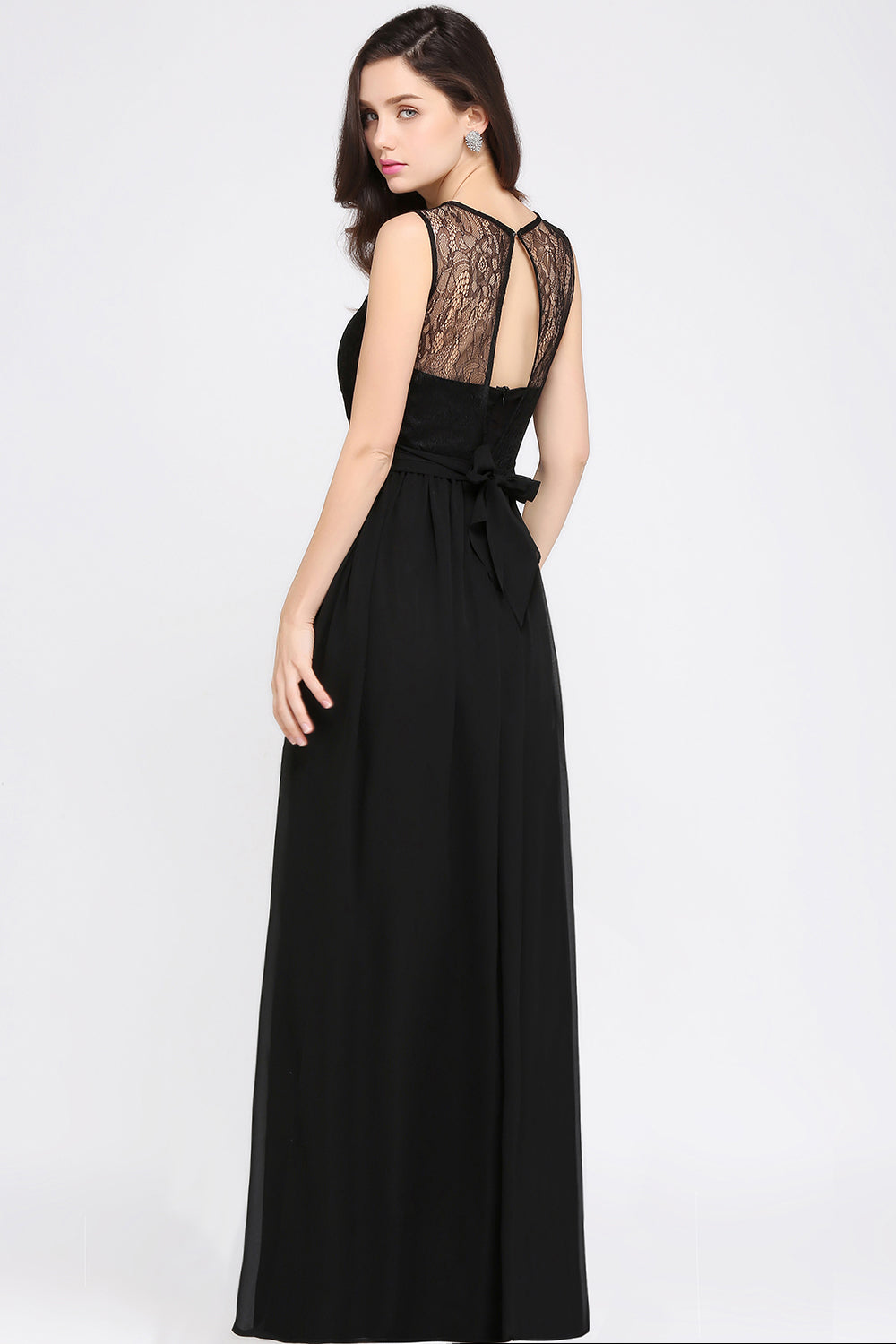Chic Jewel Open-Back Bridesmaid Dresses with Bow Lace Ruffle Maid of Honor Dresses - Fashionpara
