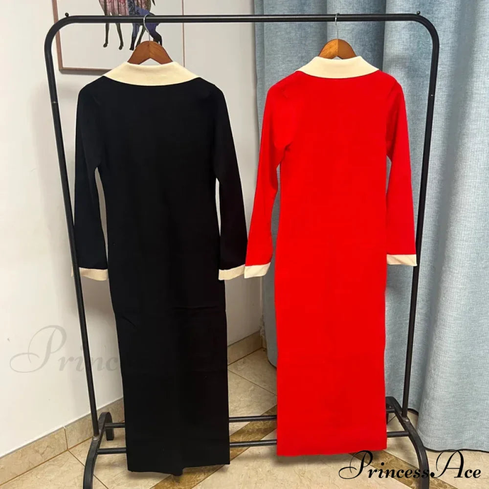 Chic Knitted Turn-down Collar Red Black Christmas Party Dress