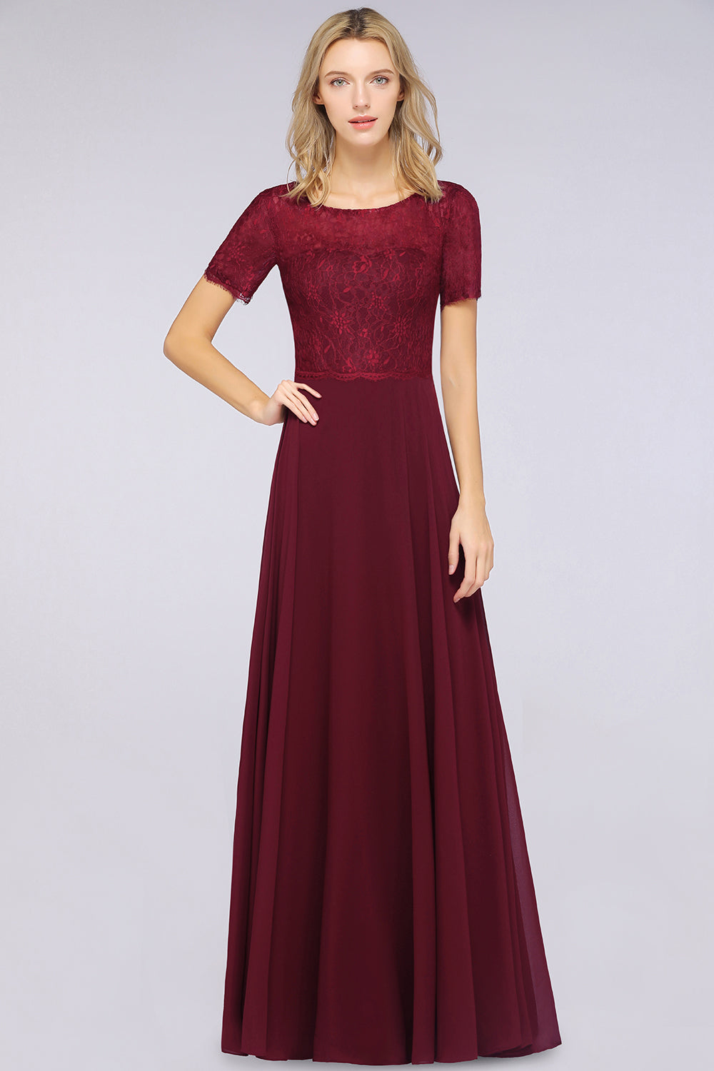 Chic Lace Long Burgundy Backless Bridesmaid Dresses With Short-Sleeves - Fashionpara