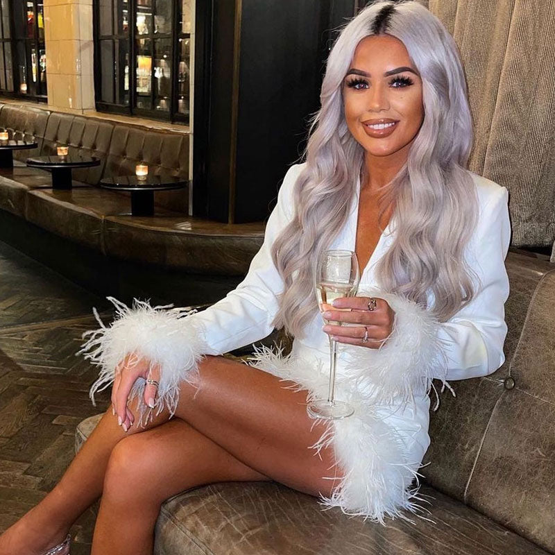 Chic Long Sleeve Crop Blazer Feather Trim Mini Skirt Matching Set - White - Fashionpara