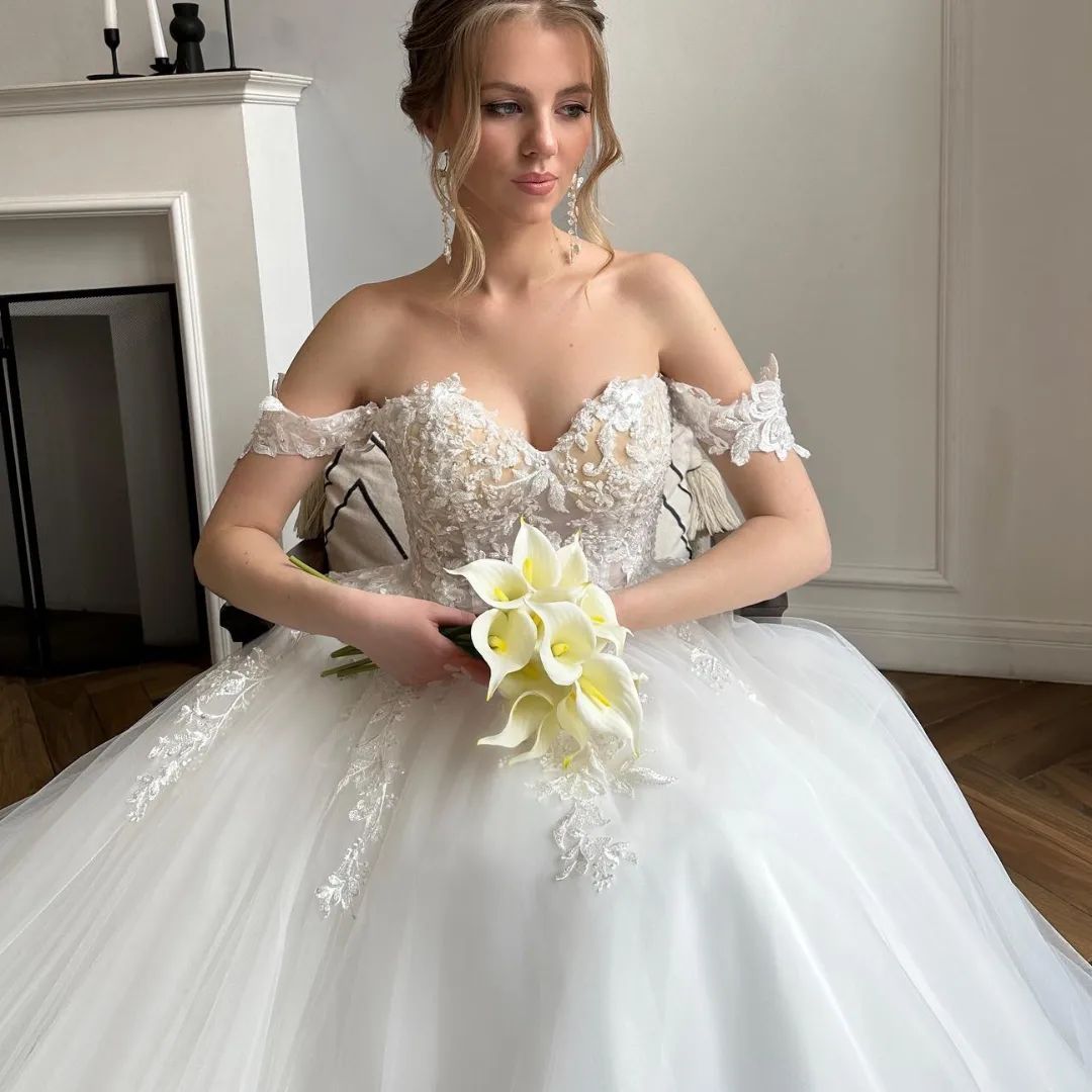 Chic White A-Line Off-the-Shoulder Lace and Tulle Wedding Dress - Fashionpara