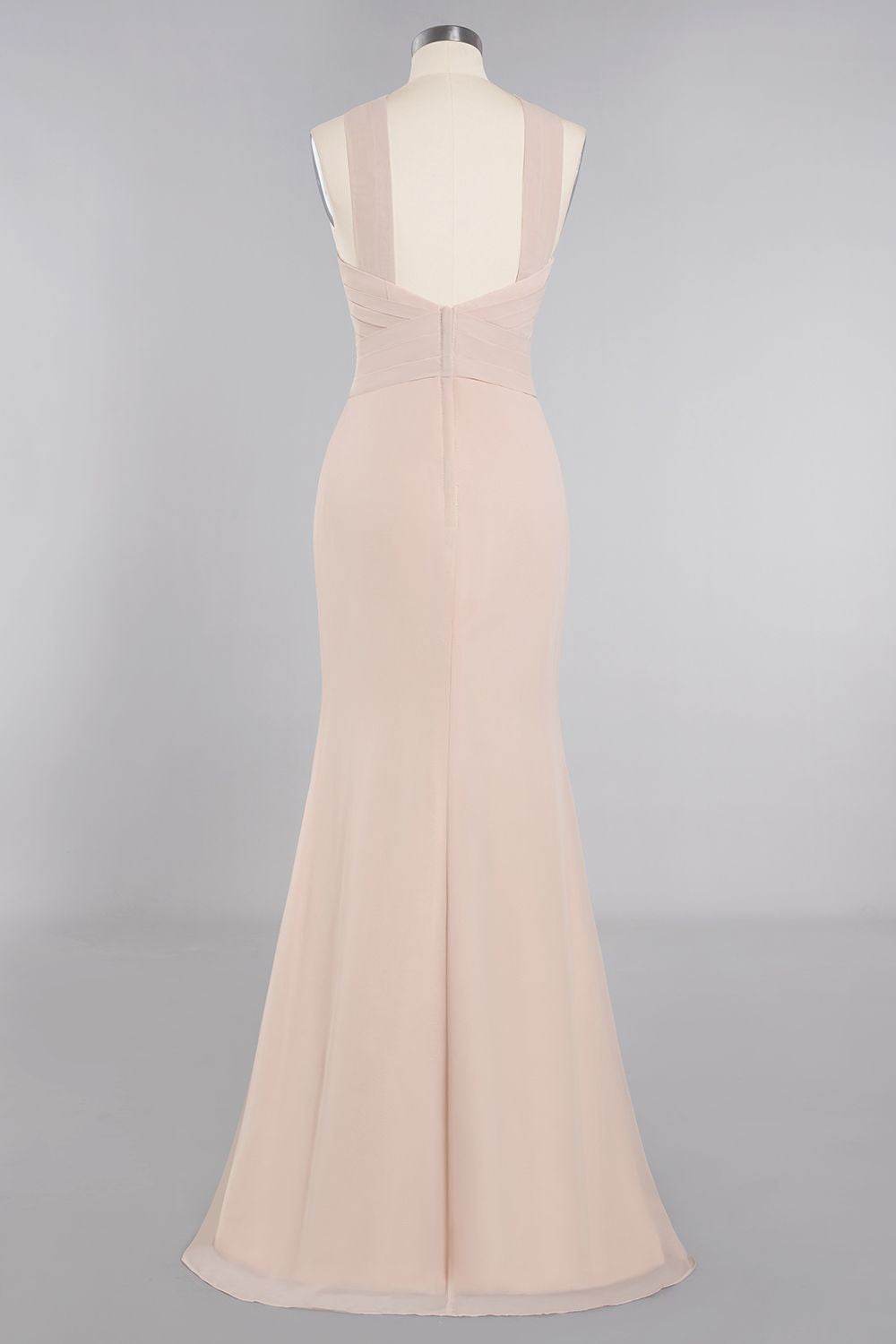 Chic Mermaid Keyhole Pink Chiffon Long Bridesmaid Dresses Affordable with Ruffle - Fashionpara