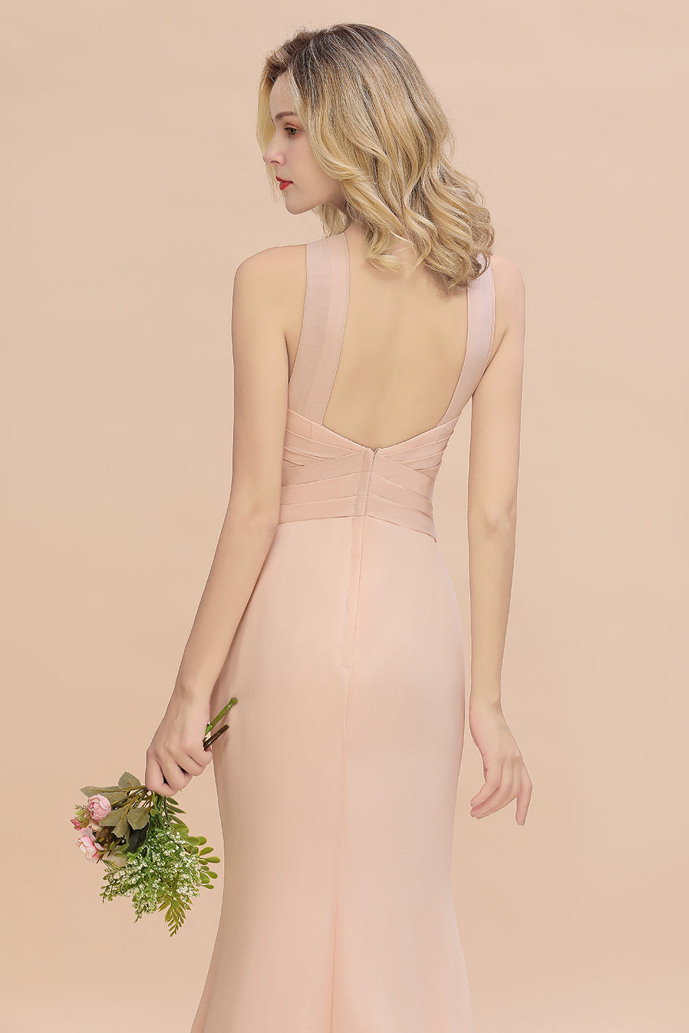 Chic Mermaid Keyhole Pink Chiffon Long Bridesmaid Dresses Affordable with Ruffle - Fashionpara
