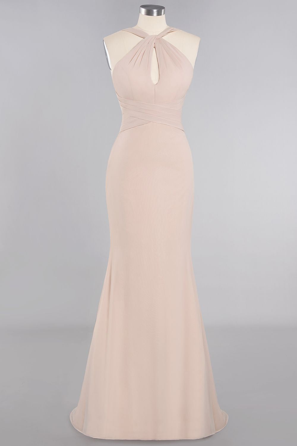 Chic Mermaid Keyhole Pink Chiffon Long Bridesmaid Dresses Affordable with Ruffle - Fashionpara