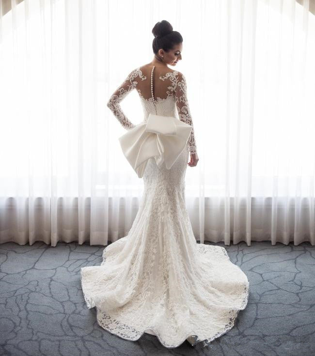 Chic Long Lace Mermaid Wedding Dress with Detachable Train and Long Sleeves - Fashionpara