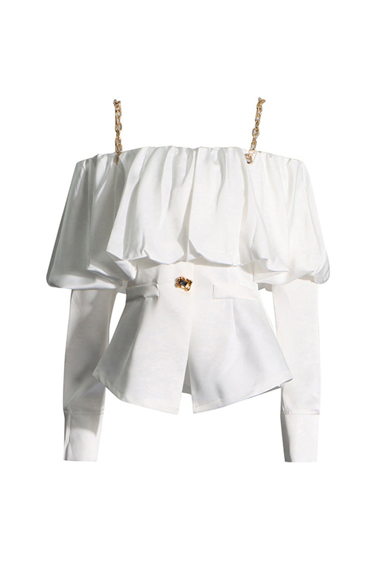 Chic Metallic Strap Ruffled Cold Shoulder Long Sleeve Crystal Chiffon Jacket - Fashionpara