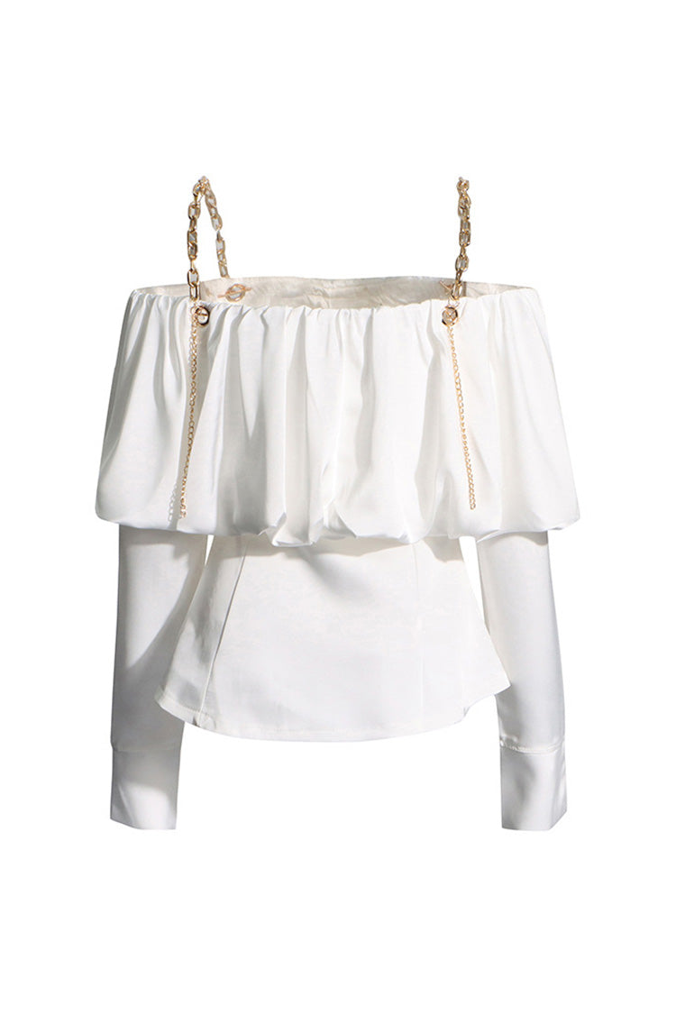 Chic Metallic Strap Ruffled Cold Shoulder Long Sleeve Crystal Chiffon Jacket - Fashionpara