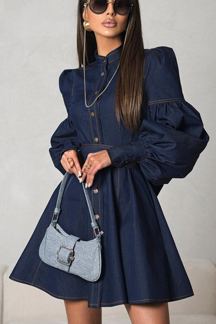 Chic Mock Neck Balloon Sleeve Button Up Belted Pocketed Denim Mini Dress