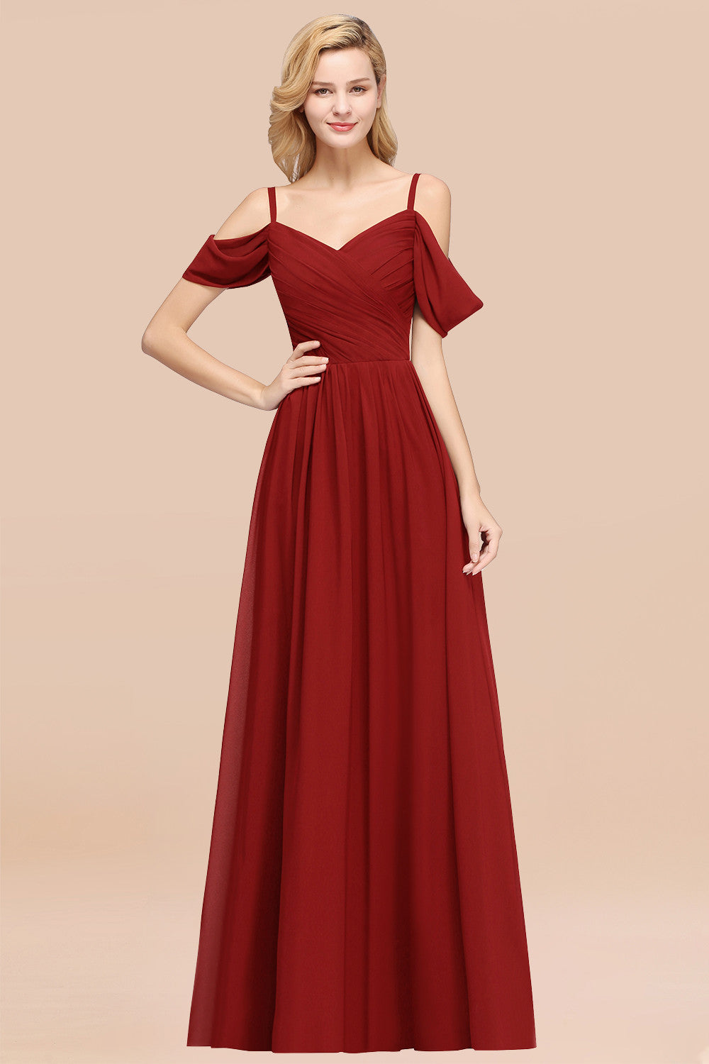 Chic Off-the-shoulder Burgundy Bridesmaid Dresses with Spaghetti Straps